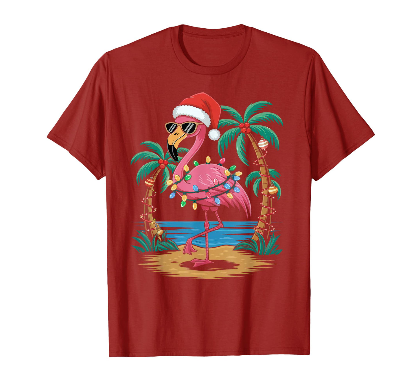 Santa Flamingo Christmas Lights Tropical Palms Tree Beach T-Shirt