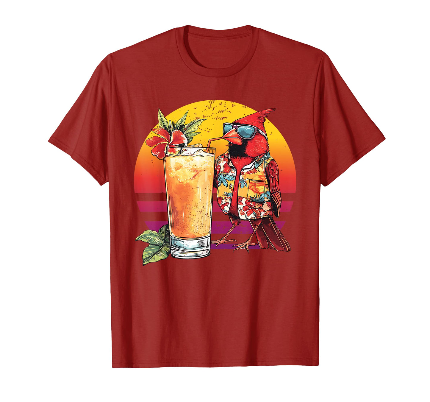 Red Cardinal Bird Drinking Cocktail Hawaiian Retro Summer T-Shirt