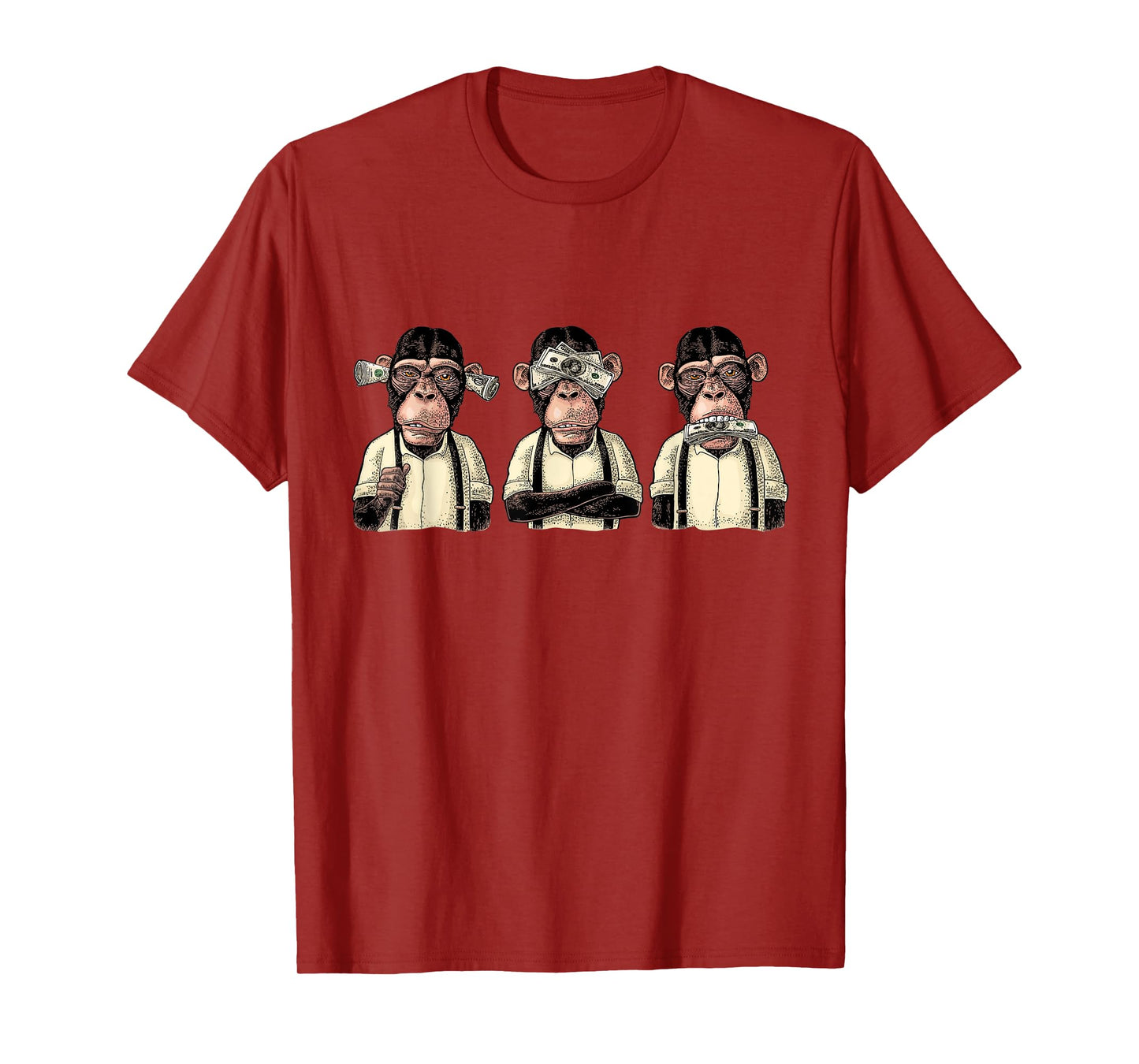 Money A Bag HEAR NO SEE NO SPEAK NO EVIL Monkey Dollar Bills T-Shirt