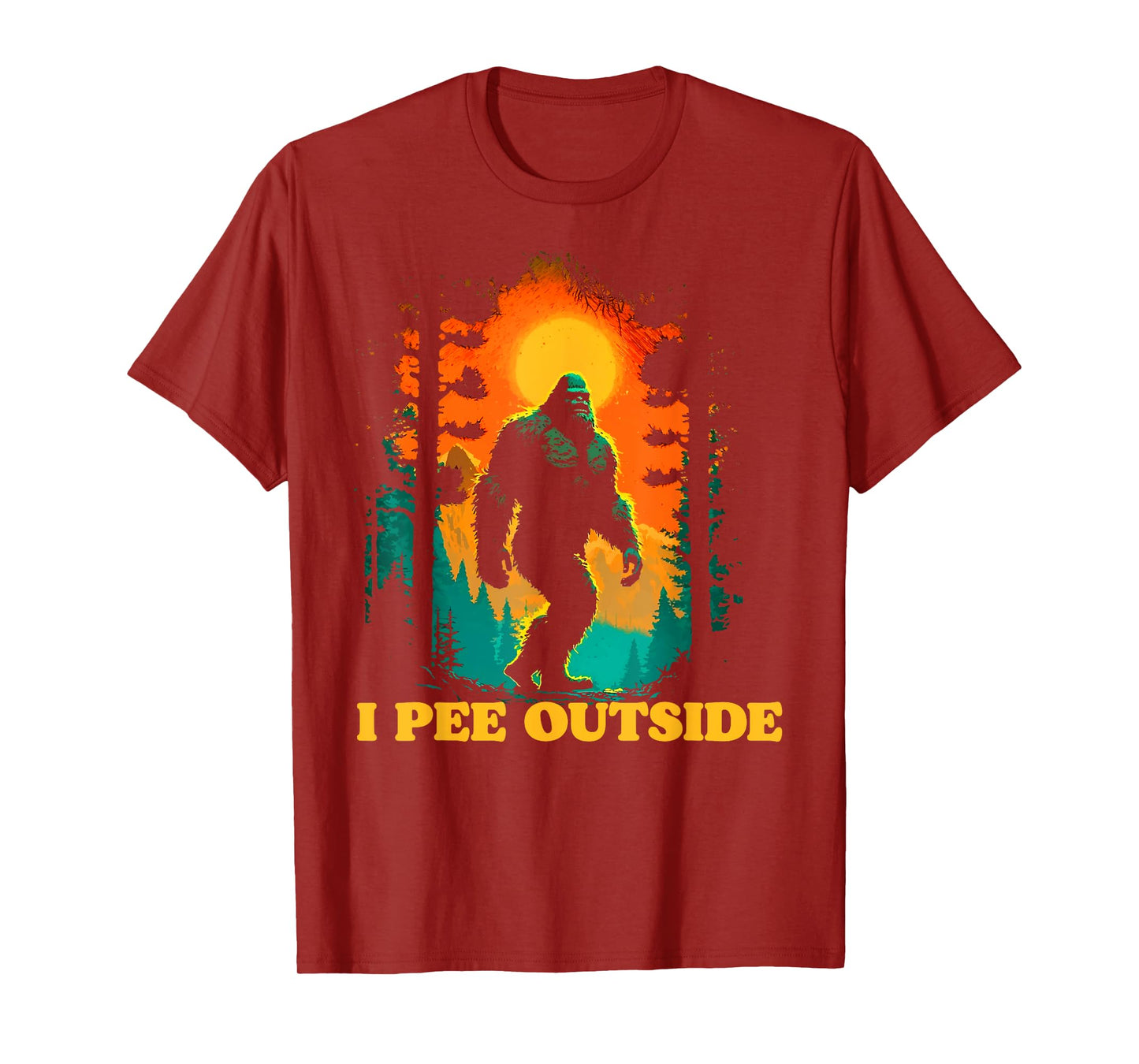 I Pee Outside Funny Bigfoot Hiking Sasquatch Retro Sunset T-Shirt