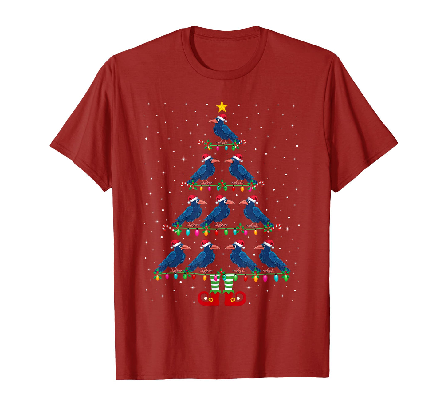 Christmas Tree Lights Santa Hat ELF Crow Xmas Tree T-Shirt