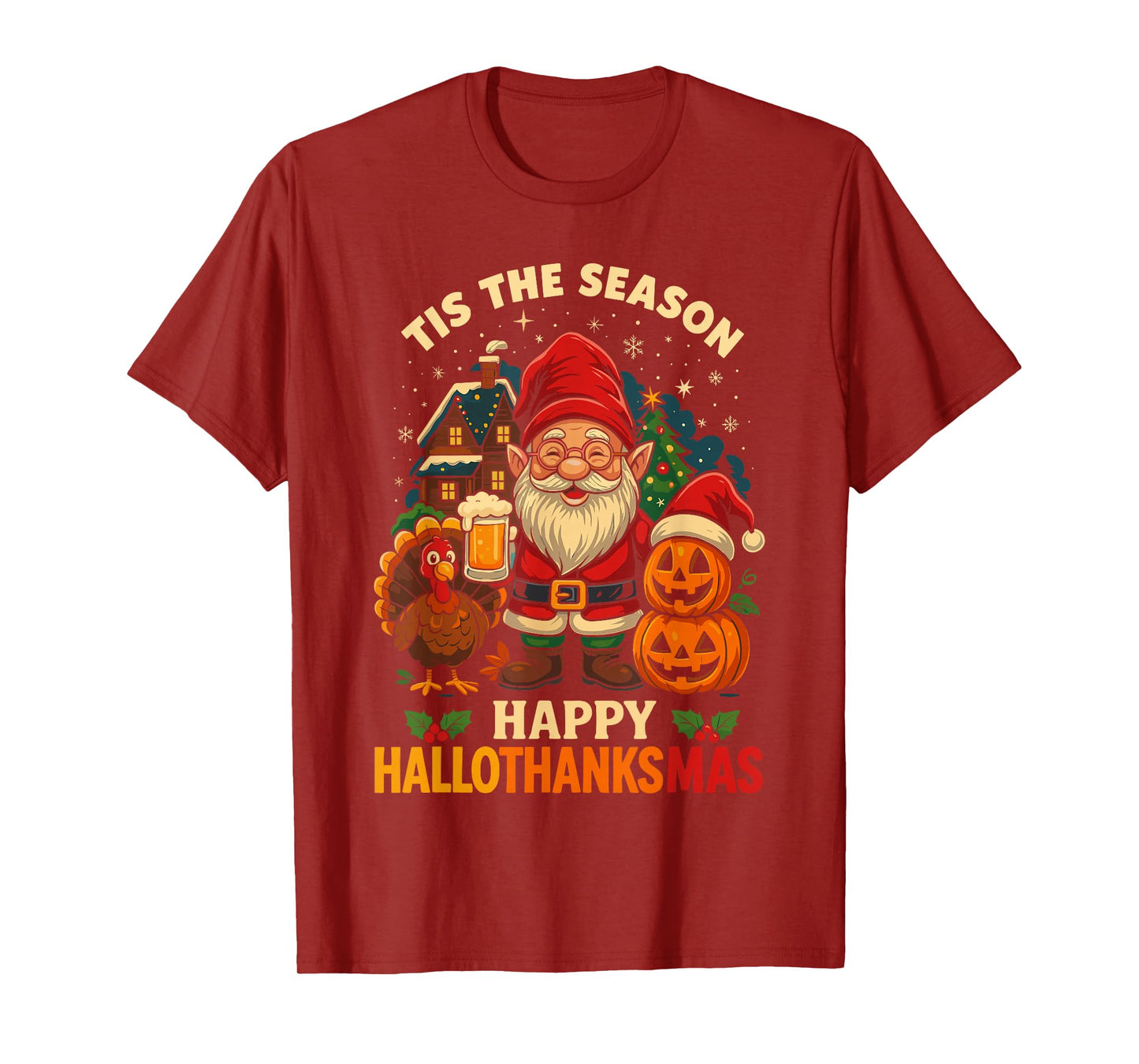 Gnome Happy Hallothanksmas Shirt Halloween Thanksgiving Xmas T-Shirt