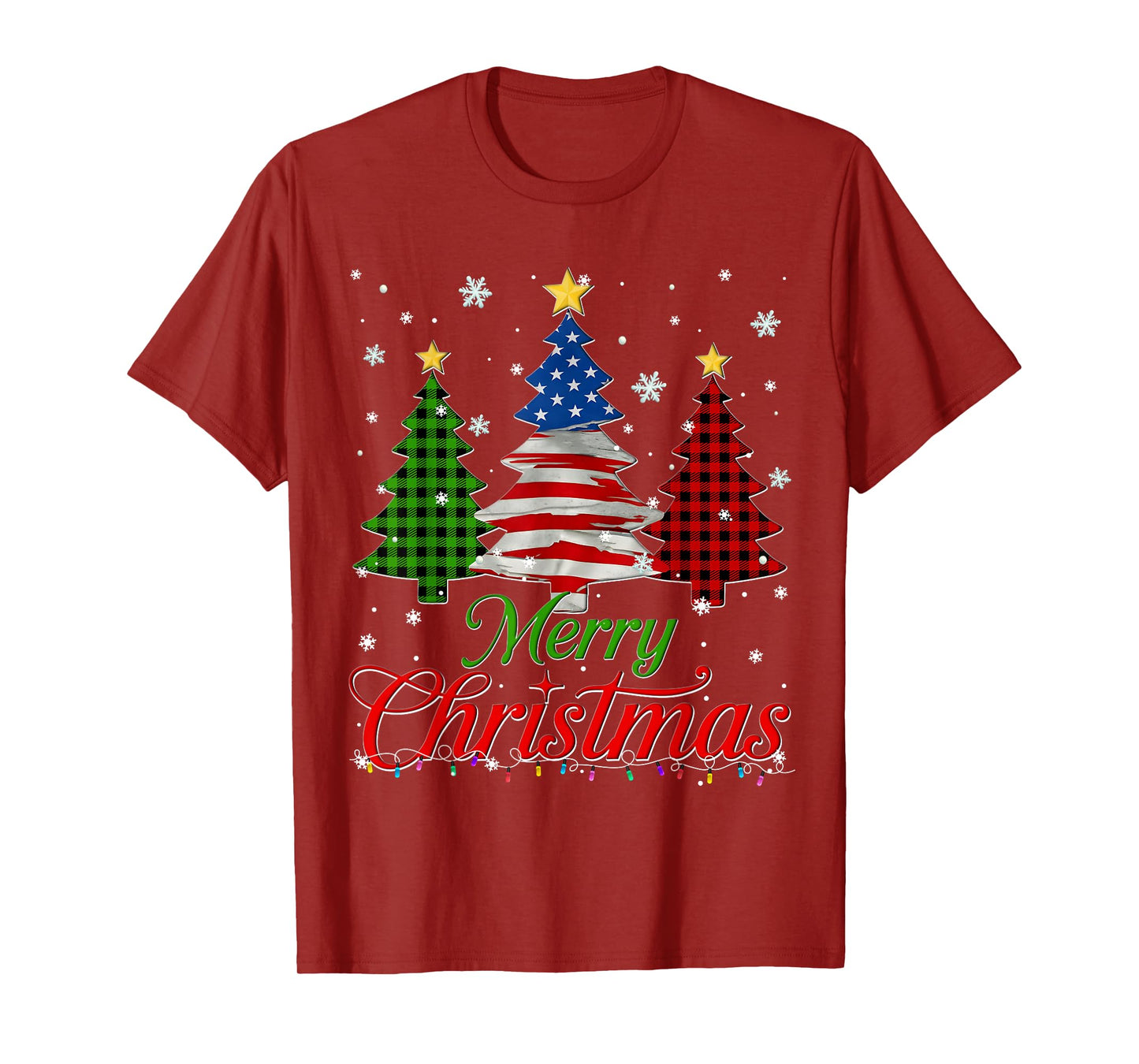 Merry Christmas Tree Plaid US Flag Snowflake Xmas Men T-Shirt