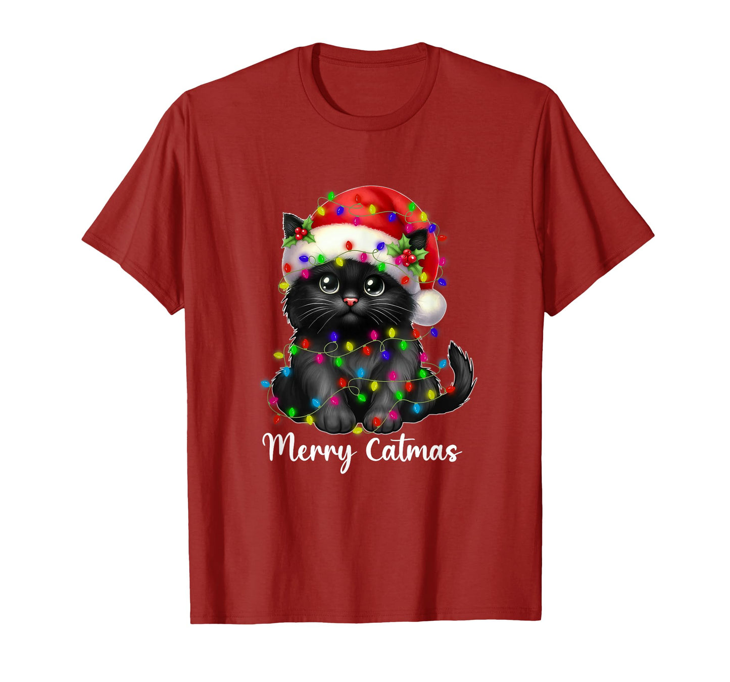Merry Catmas Black Cat Christmas Light Xmas Family Men Women T-Shirt