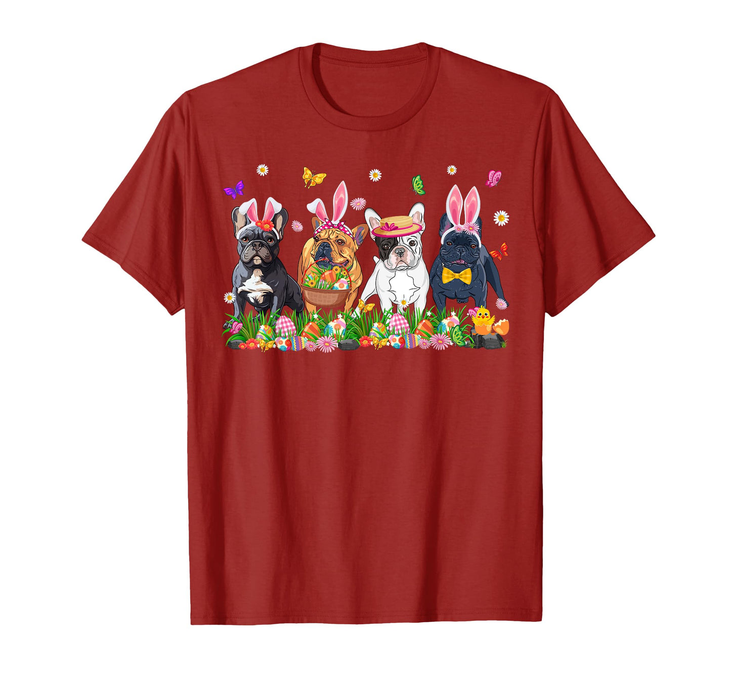 Cute Frenchie Dogs With Bunny Ears & Egg Basket Easter Day T-Shirt