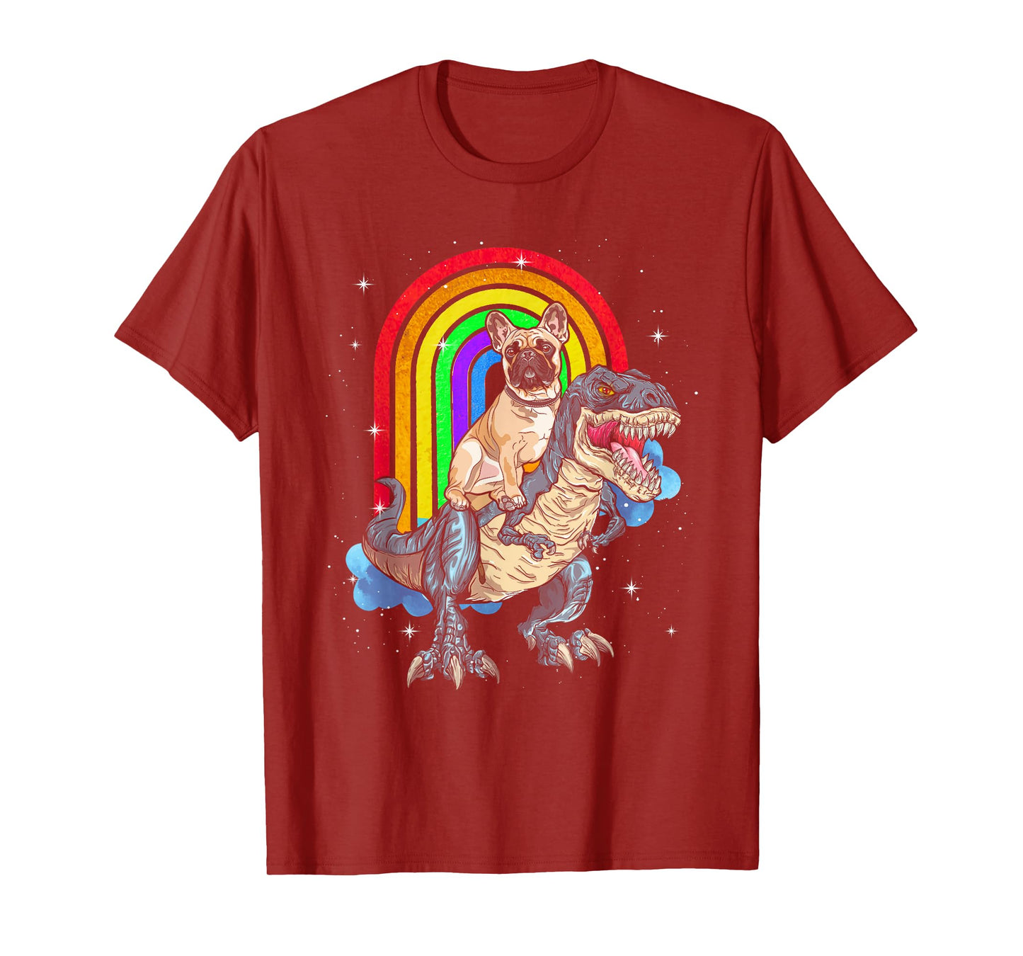 French Bulldog Riding Dinosaur T rex Rainbow T-Shirt for Men Women Kids