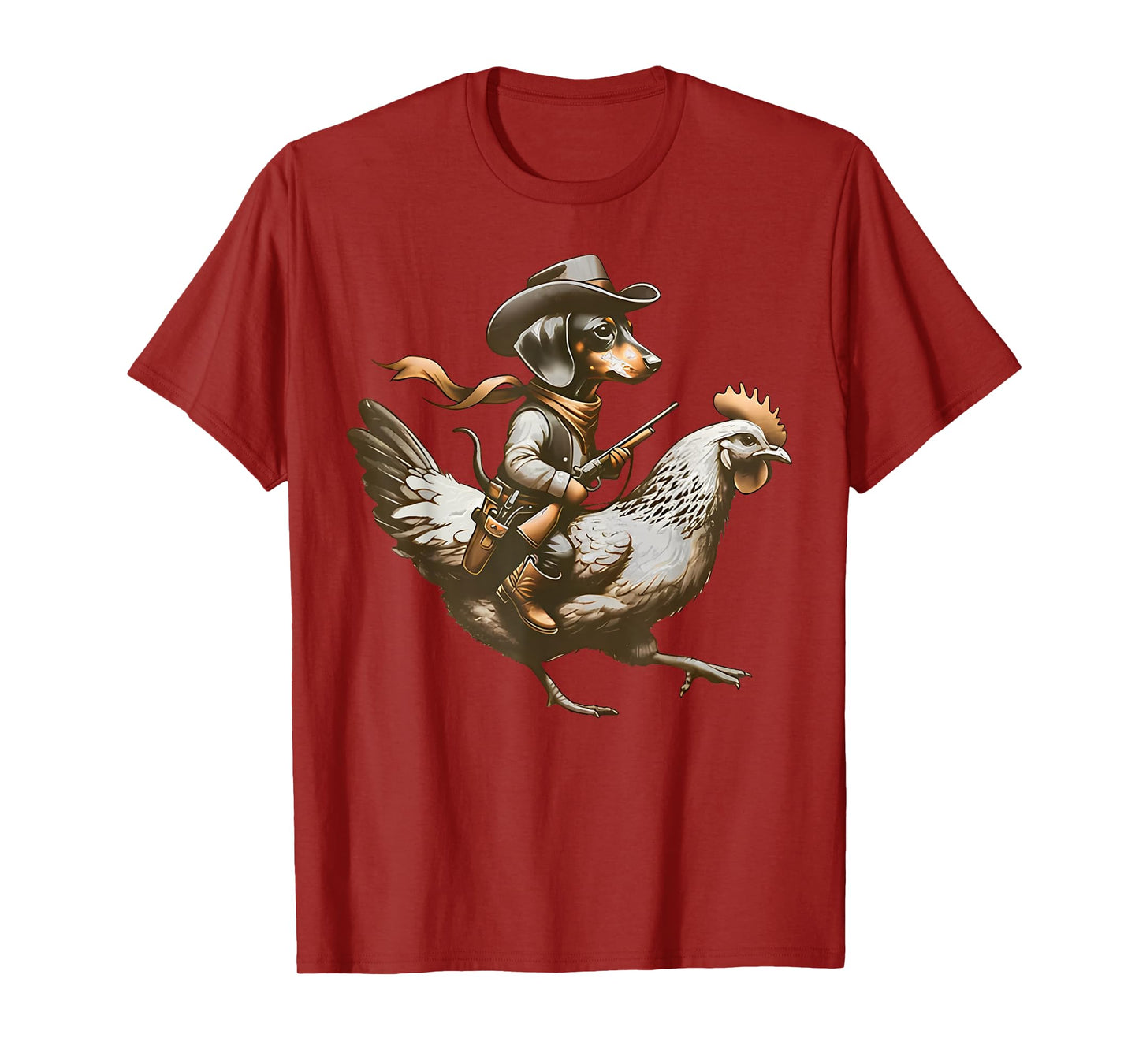 Western Cowboy Dachshund Wiener riding a Chicken Farm Animal T-Shirt