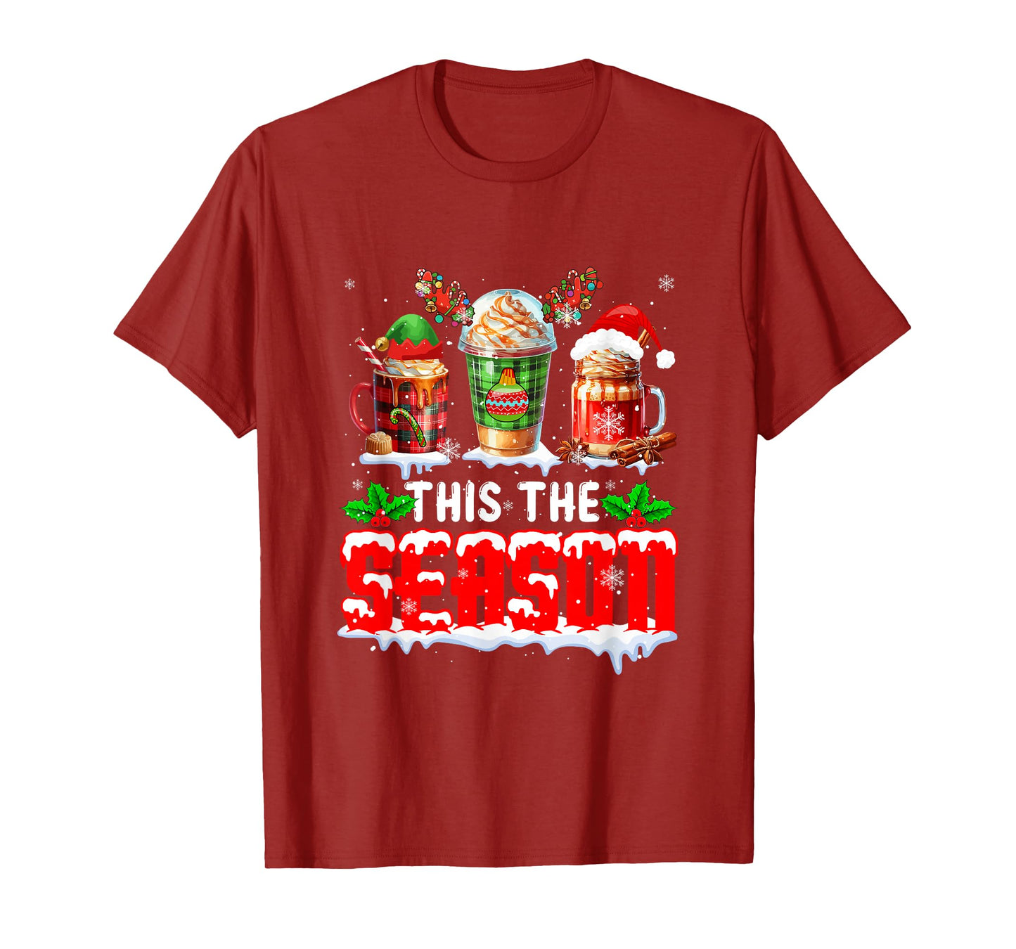 The Season Christmas Three Santa Reindeer Elf Coffee Cups T-Shirt