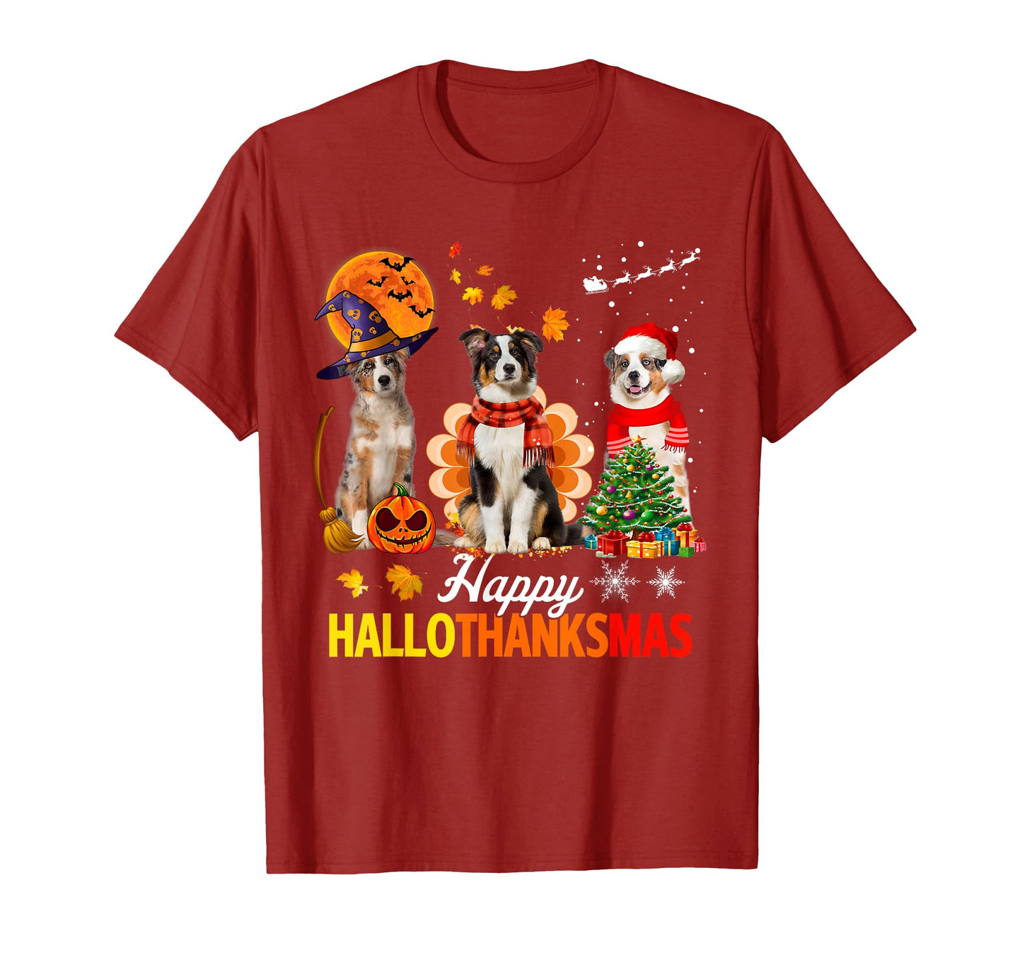 Cute Australian Shepherd Happy Hallothanksmas Xmas T-Shirt
