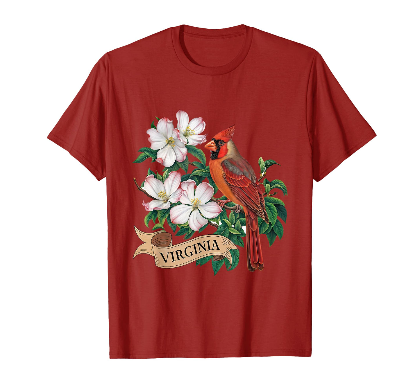 Virginia Cardinal Bird and Flowering Dogwood Flower T-Shirt