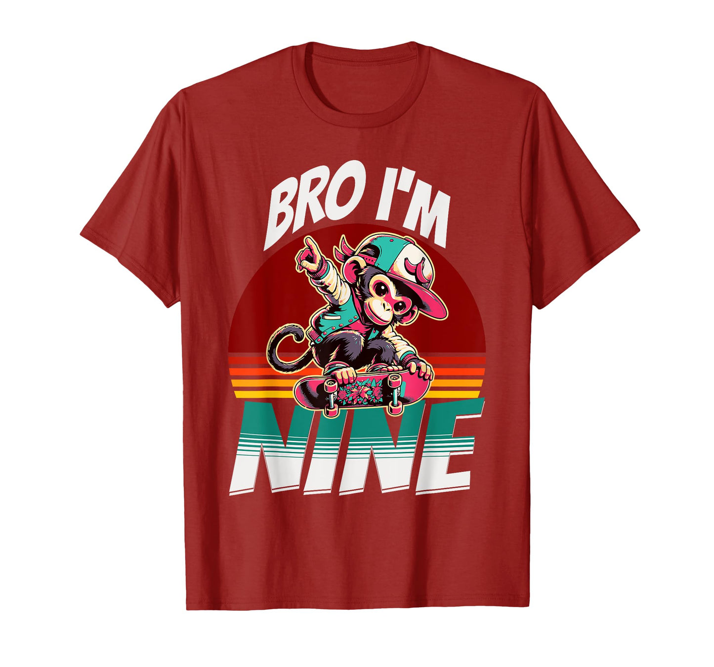 Bro I'm Nine 9th Birthday Monkey Lovers Skateboard Bday T-Shirt