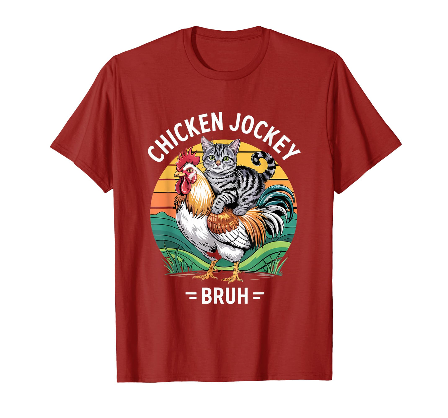 Funny cat riding chicken jockey bruh meme T-Shirt for Men Women Kids