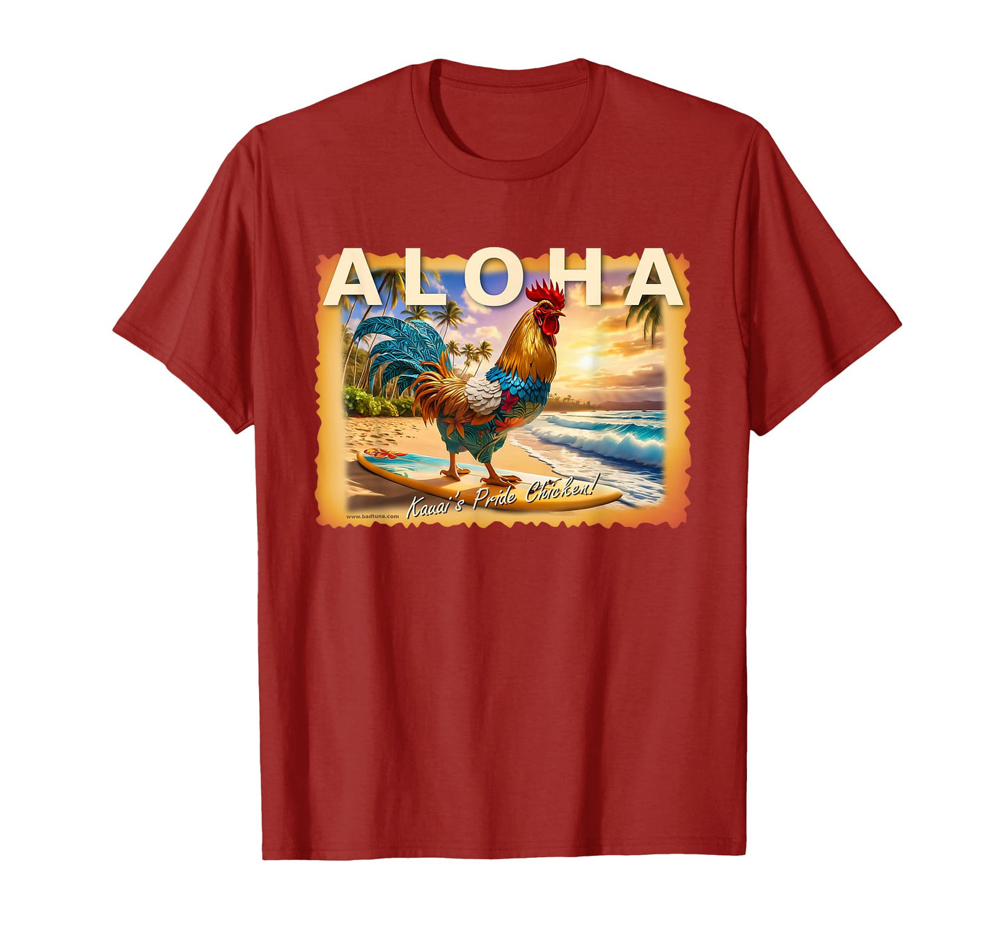 Bad Tuna Kauai's Pride Chicken with Aloha T-Shirt - Unisex Adults - Black - Small - Short Sleeve - Cotton Blend - Hawaiian T-Shirt - Unique Hawaiian Design