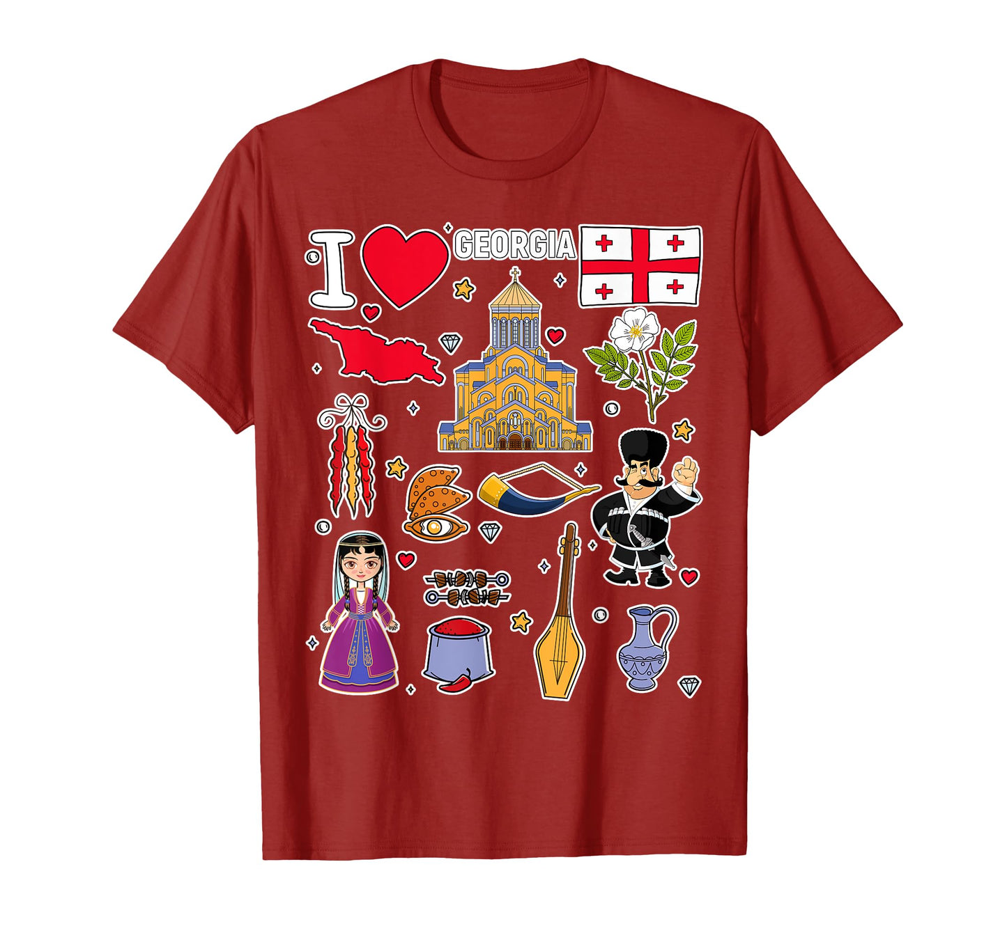 Georgian hand drawn symbols, Georgia map, cultural icons T-Shirt