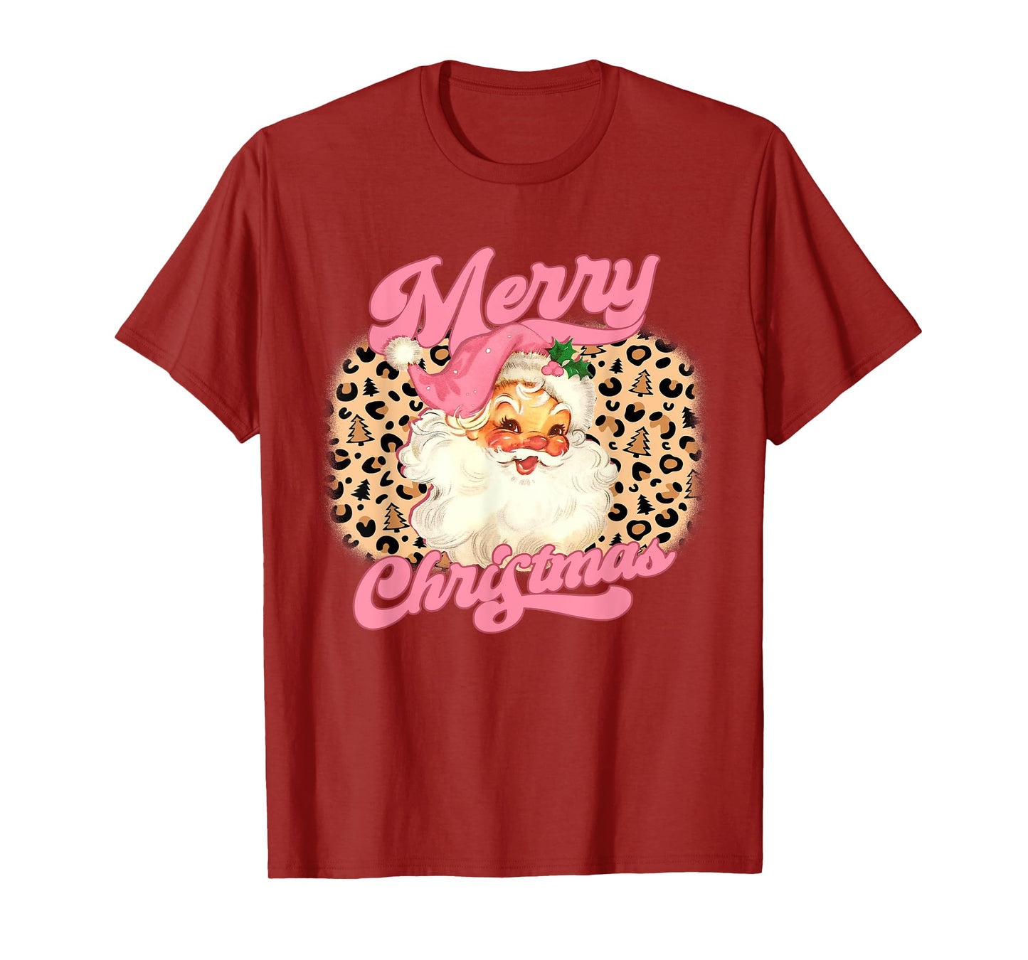 Merry Christmas Pink Santa Claus Leopard Print Women Girls T-Shirt