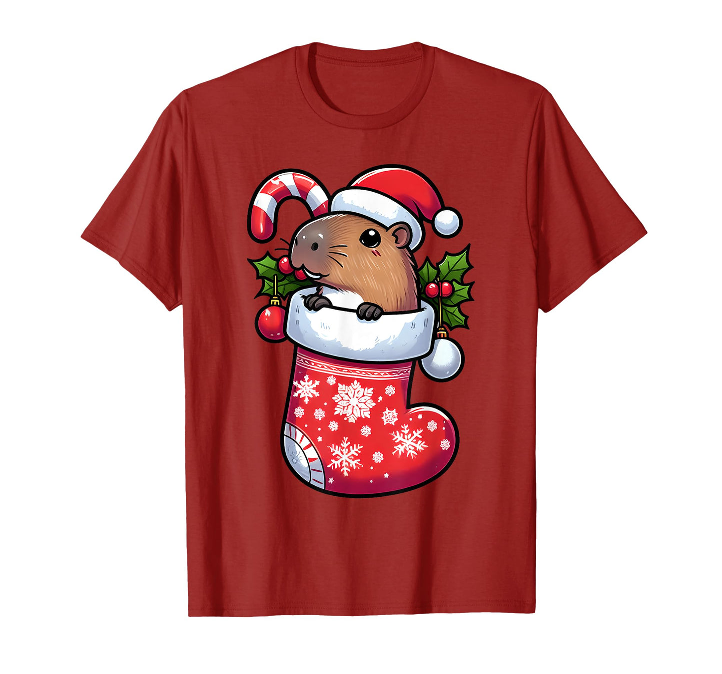 Capybara in Christmas Stocking Candy Cane Santa Hat Pajama T-Shirt