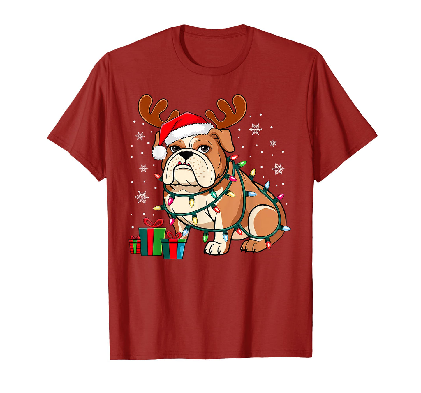 English Bulldog Dog Christmas Lights Santa Hat Dog Lover Men Women Kids T-Shirt