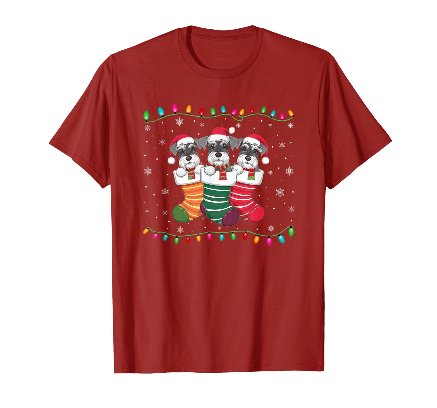 Xmas Tree Lights Funny Schnauzer Dog in Christmas Socks T-Shirt for Men Women Kids