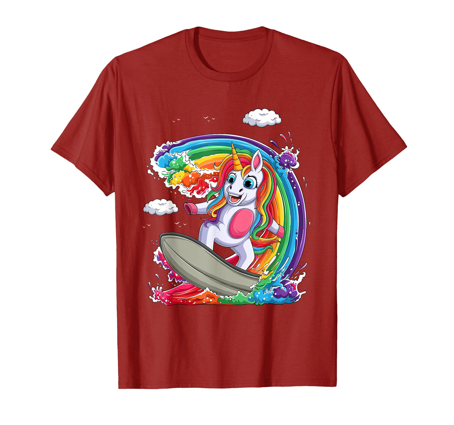 Cute Unicorn Girls Women Unicorn Surfing on Rainbow Wave T-Shirt
