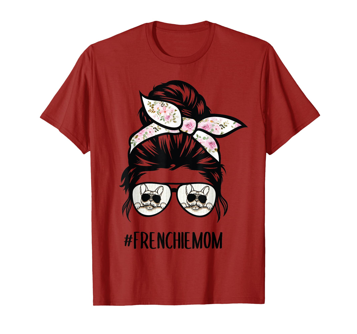 Frenchie Mom messy bun hair glasses T-Shirt