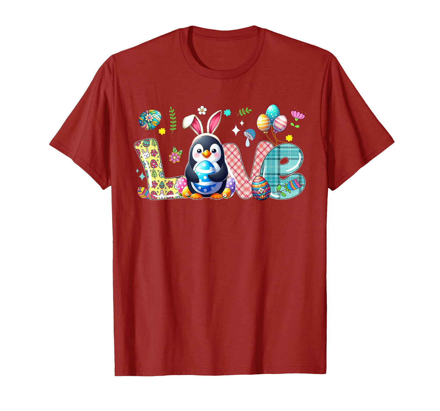 Love Easter Bunny Penguin Hunting Eggs Flowers Colourful T-Shirt