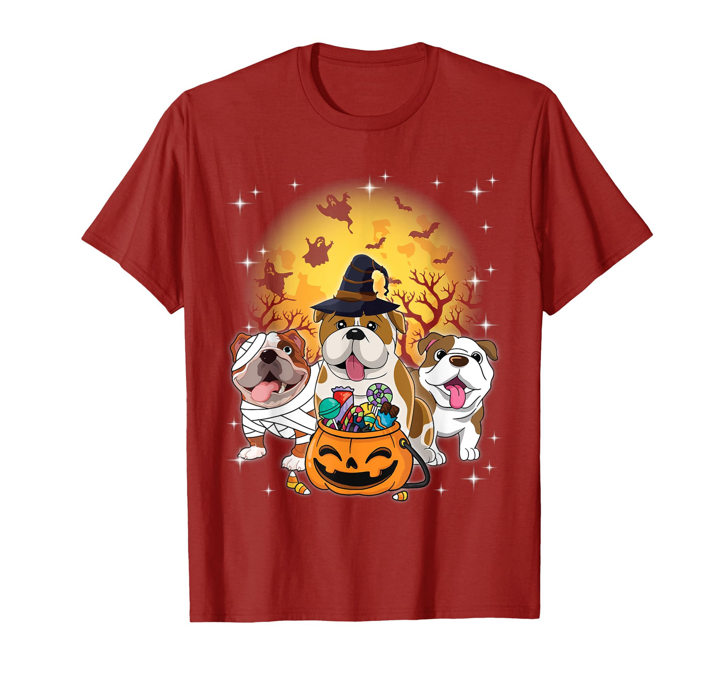 English Bulldog Mummy Witch Dog Moon Ghosts Halloween Day T-Shirt for Men Women Kids