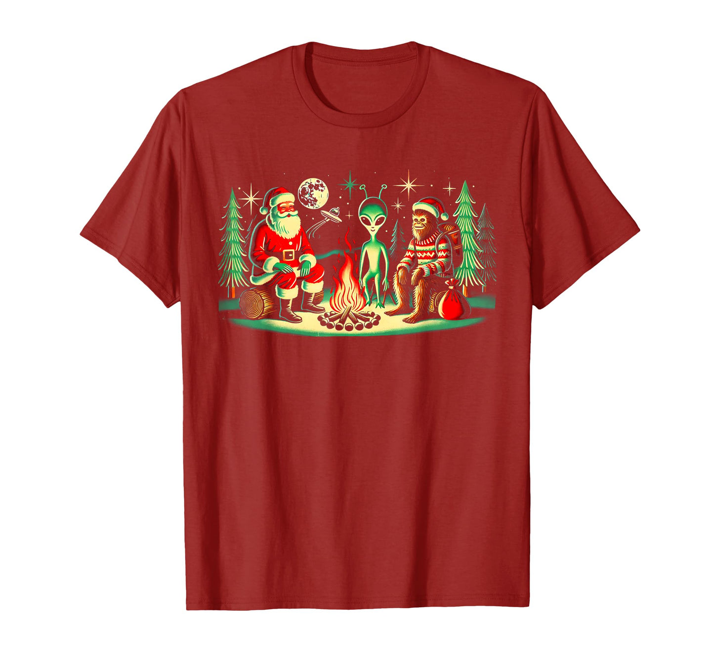 Santa Bigfoot and Alien Sat Around a Fire at Camp, Christmas T-Shirt