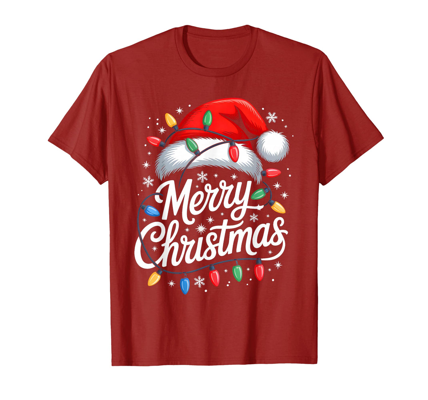 Merry Christmas Lights Red Santa Hat Xmas Family Men Women T-Shirt