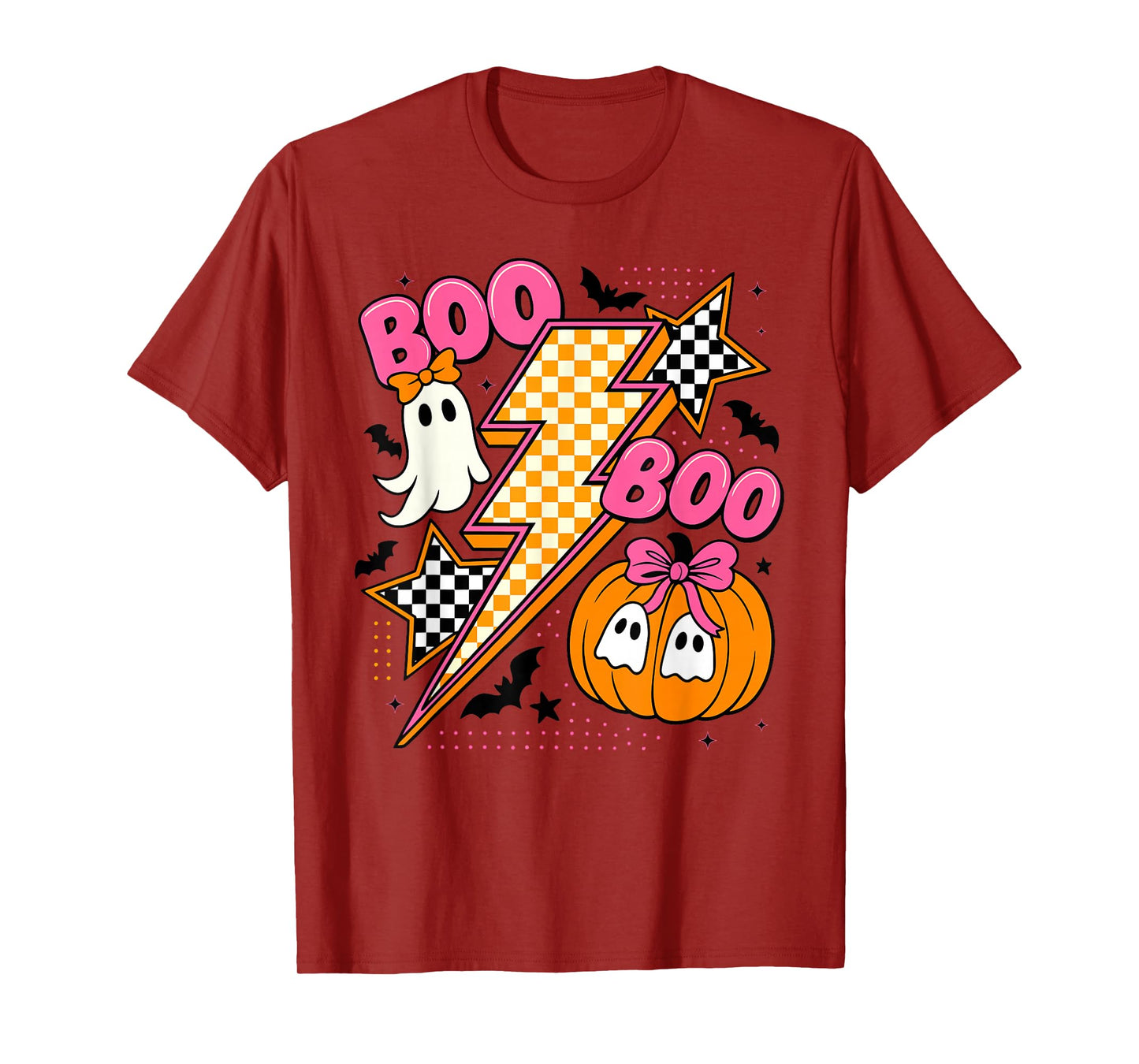 Retro Halloween Lighting Checkered Ghost Pumpkin Bow Outfit T-Shirt