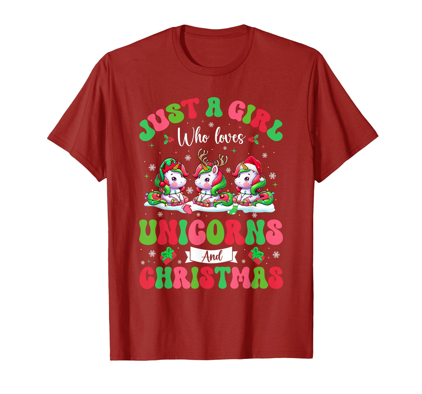 A Girl Loves Unicorns And Christmas Three Santa Unicorns T-Shirt