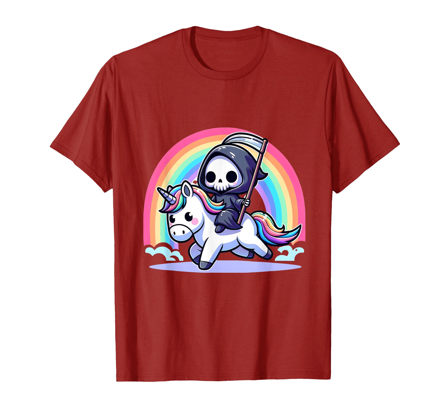 Grim Reaper Riding Unicorn Funny Rainbow Heavy Metal T-Shirt