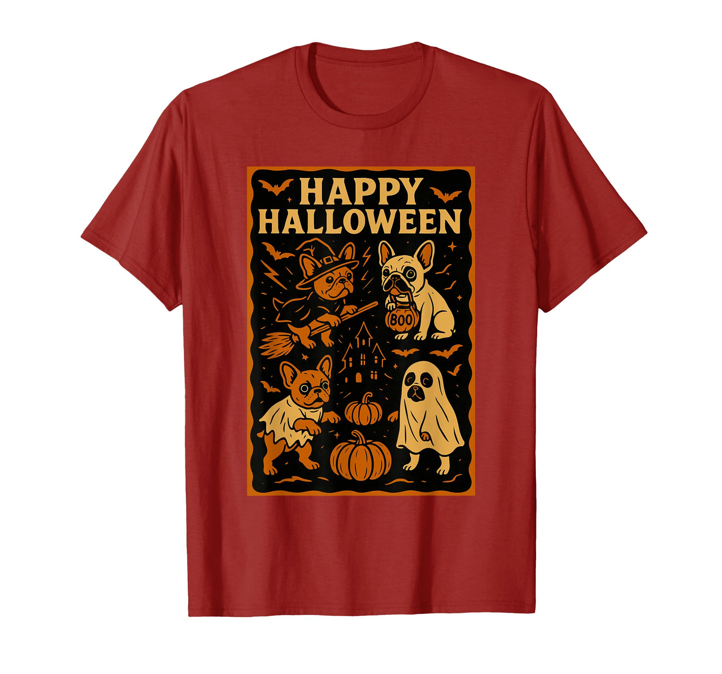French Bulldog Happy Halloween Witch Hat Pumpkin Dog Ghost T-Shirt