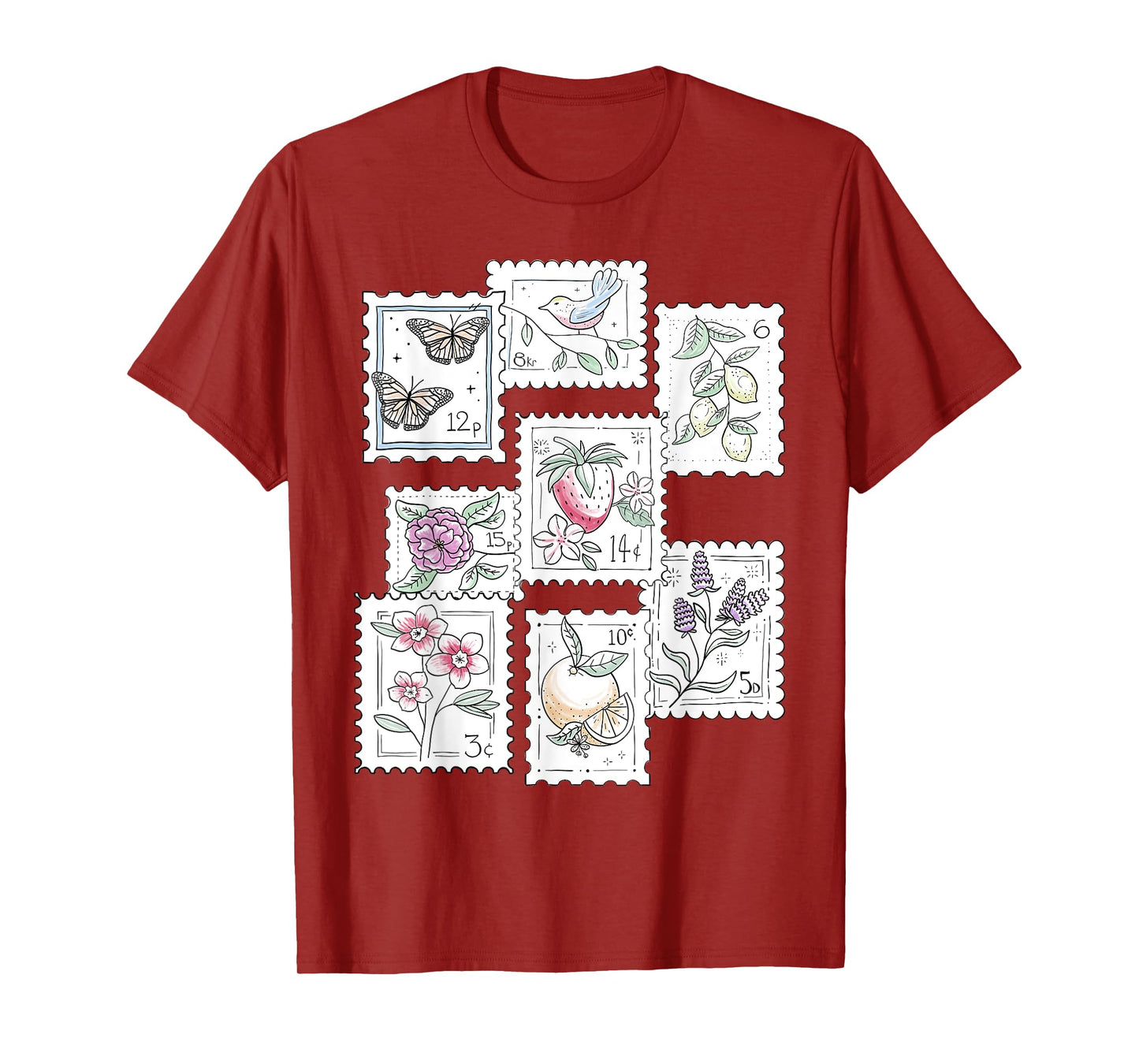 Postage Stamp Pattern Flowers Butterflies Bird Strawberry T-Shirt