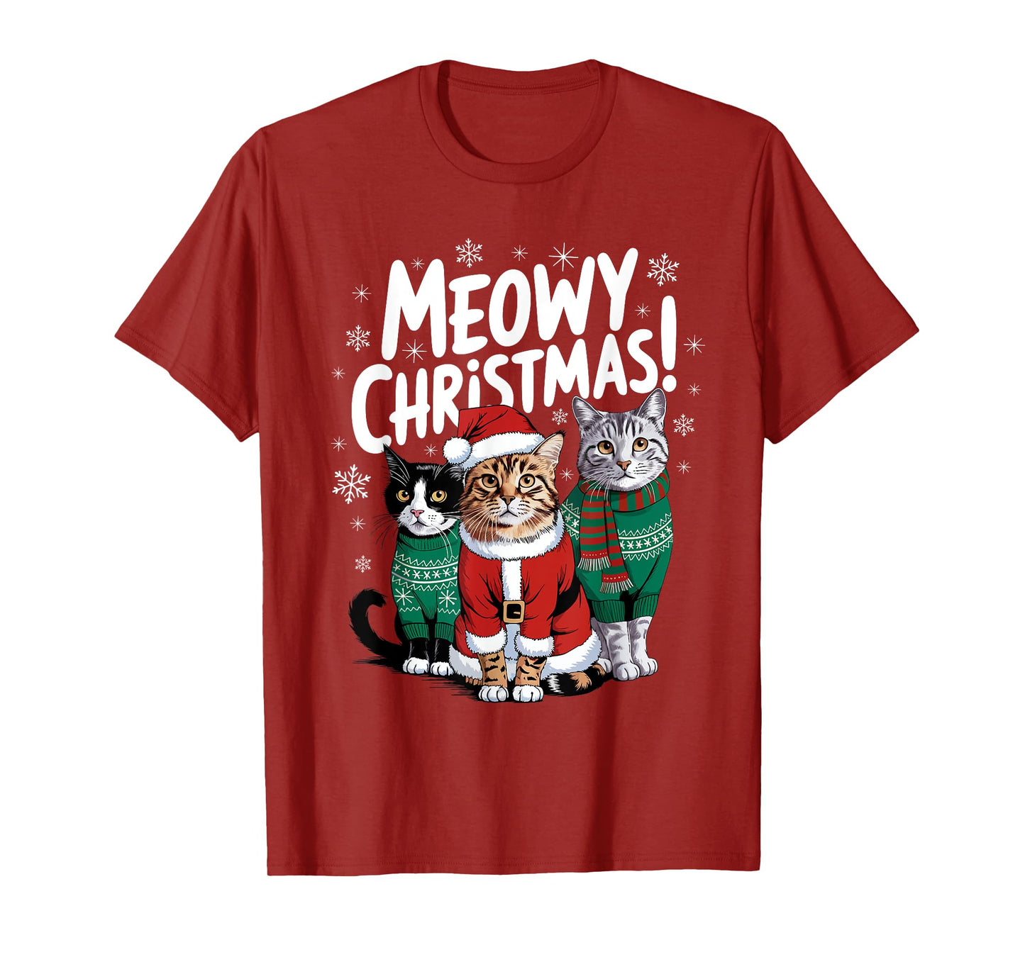 Meowy Christmas Funny Cat Christmas Holiday Xmas Santa Hat T-Shirt for Men Women Kids