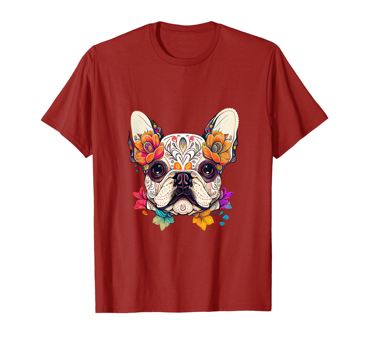 Sugar Skull Dog Colorful French Bulldog Lover Floral Flowers T-Shirt