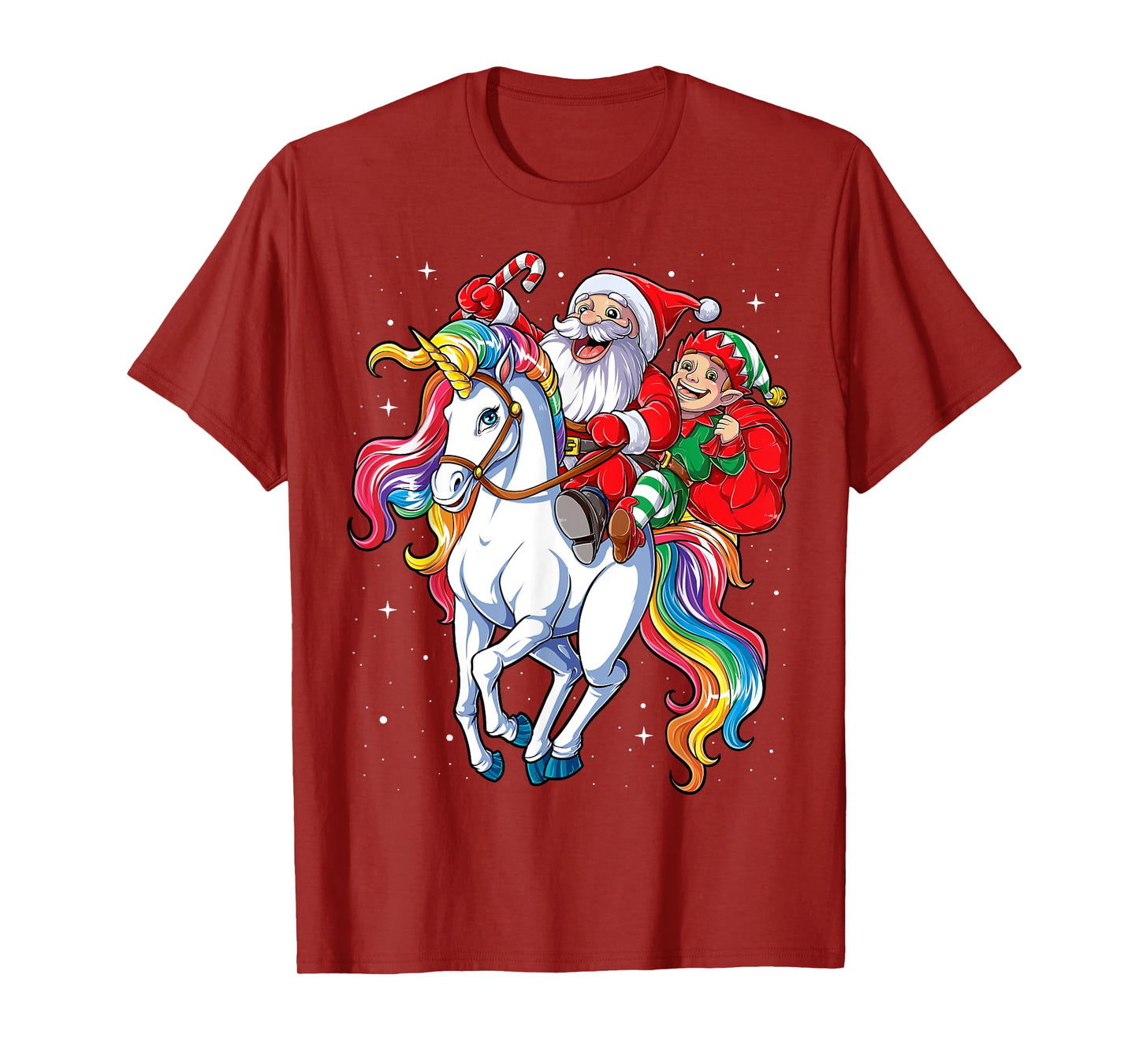 Christmas Santa Elf Riding Unicorn Xmas Girls Women Rainbow T-Shirt