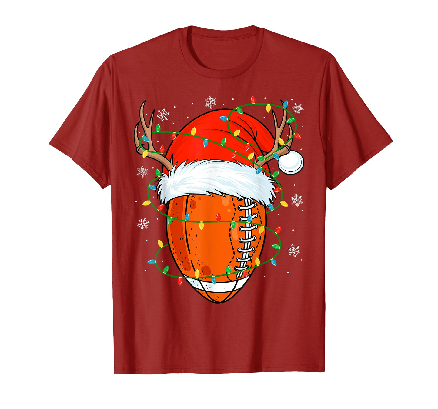 Santa Football Ball Xmas Lights Christmas Football Player T-Shirt