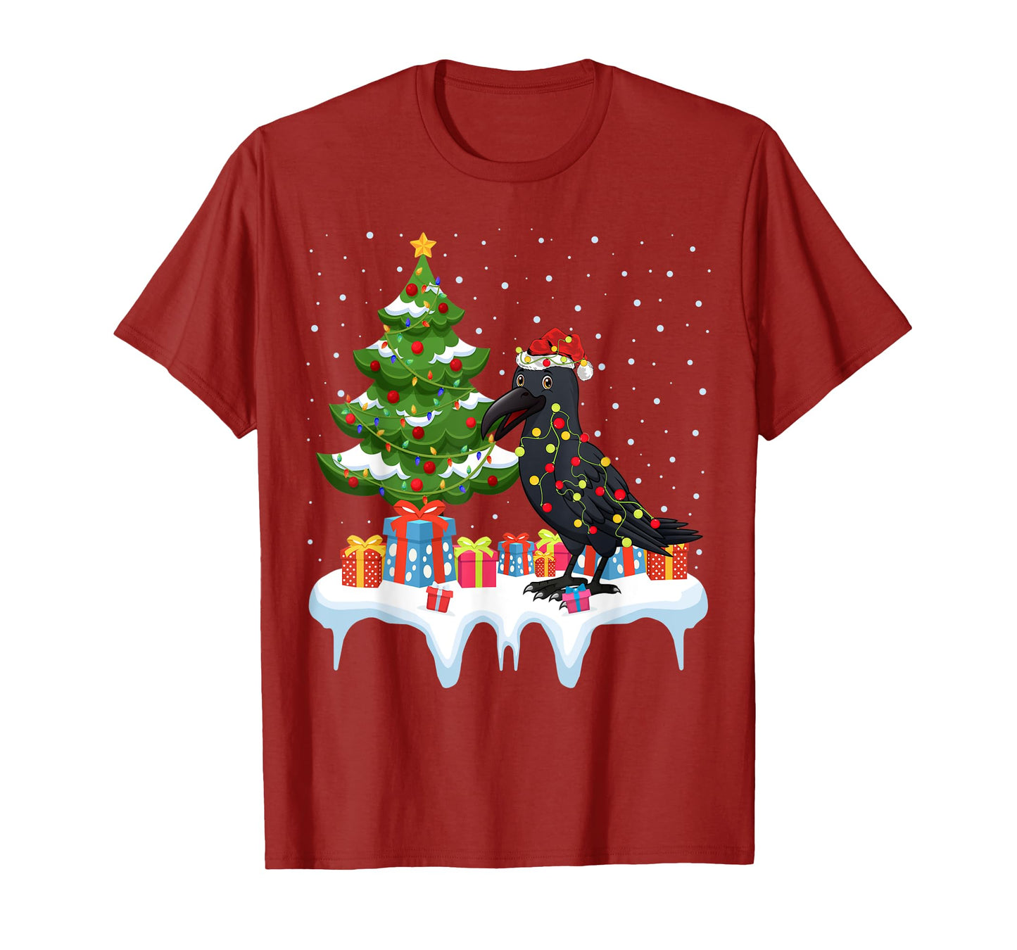 Xmas Lighting Tree Santa Hat Raven Christmas T-Shirt