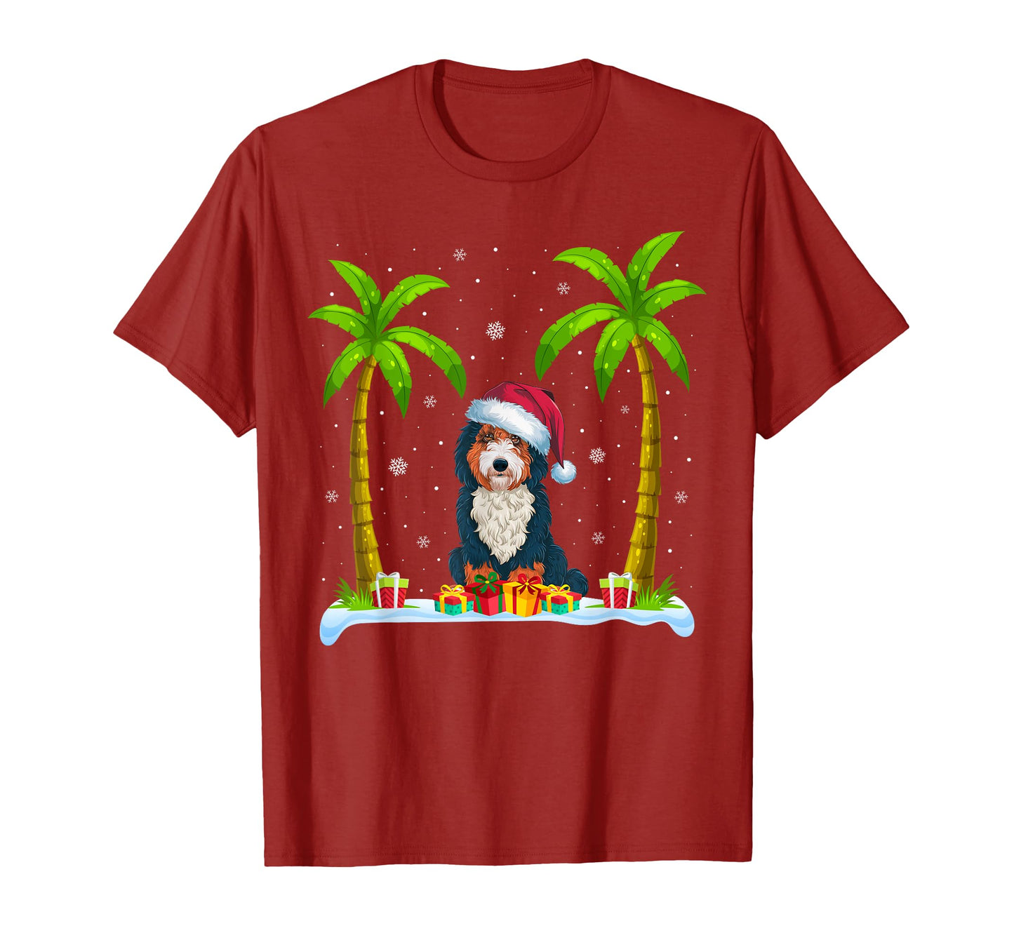 Bernedoodle Dog Santa Hat Palm Tree Beach Xmas Pajama Men Women Kids T-Shirt