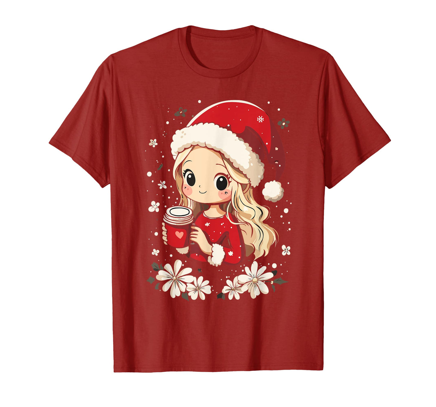 Christmas Santa Girl Coffee Flower Kids Santa Women Xmas T-Shirt