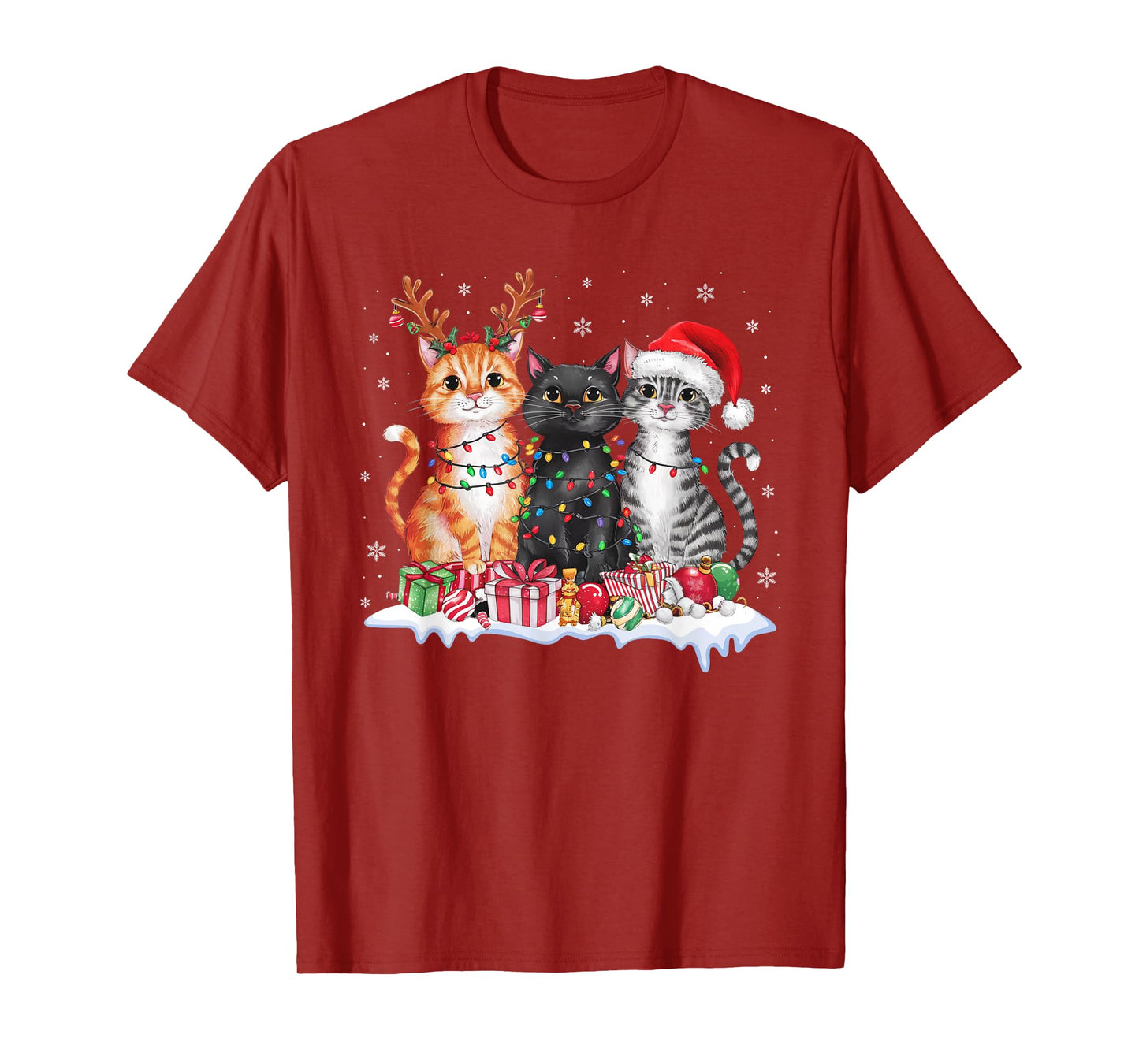 Santa Cat Christmas Light Reindeer Pajama Cat Lover T-Shirt for Men Women Kids