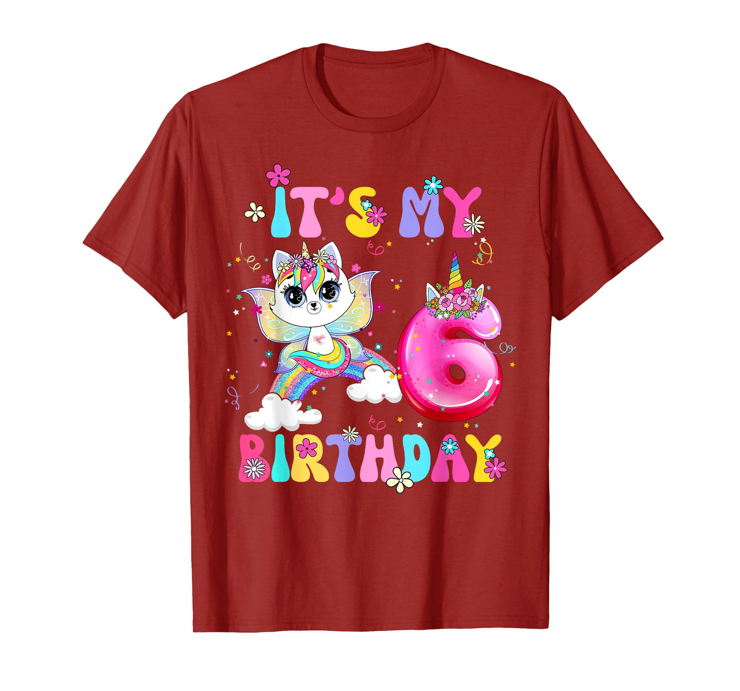 Kids 6th Birthday Cat Unicorn 6 Years Old Rainbow Girl Teens T-Shirt