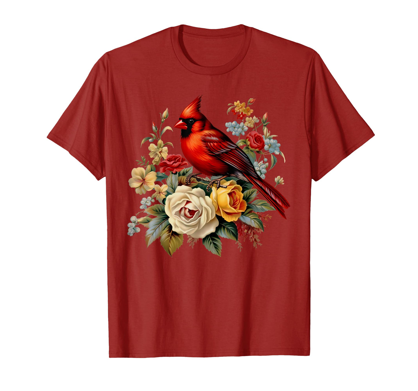 Red Cardinal Bird Roses Floral Nature Bird Watching T-Shirt