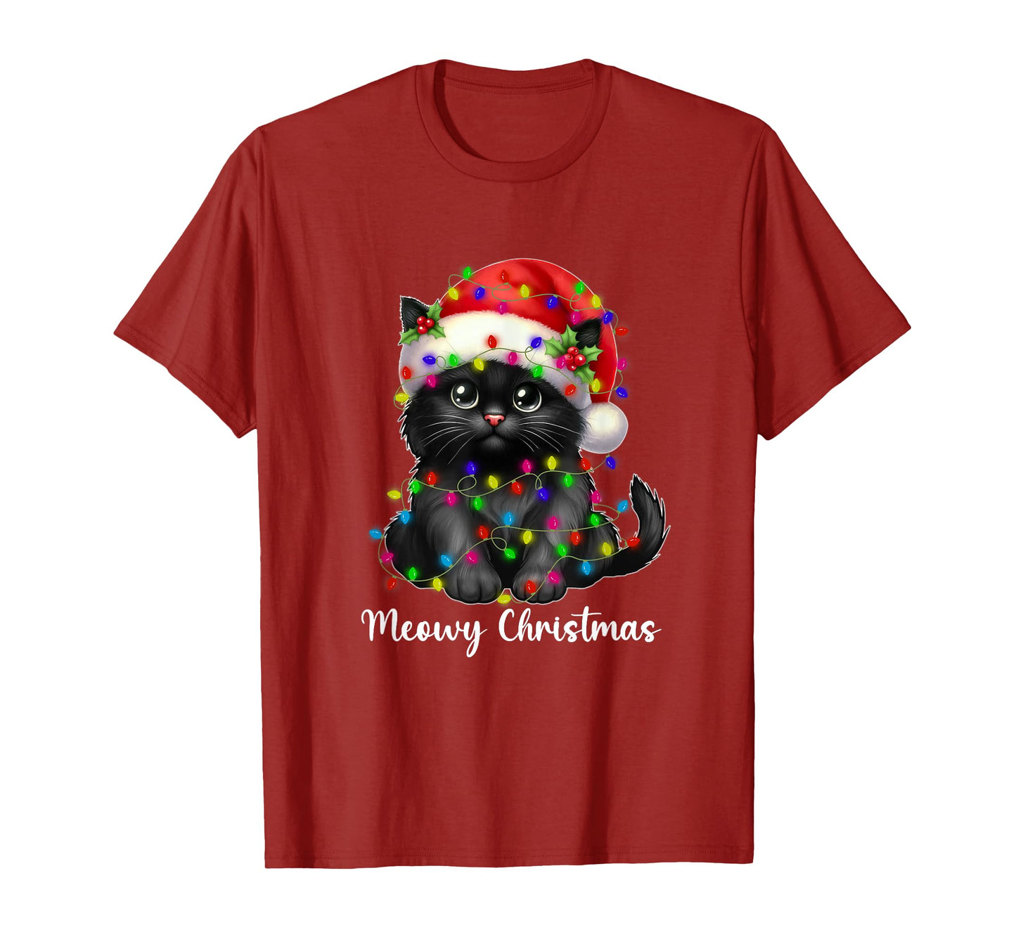 Meowy Christmas Lights Funny Family Black Cat Xmas Matching T-Shirt