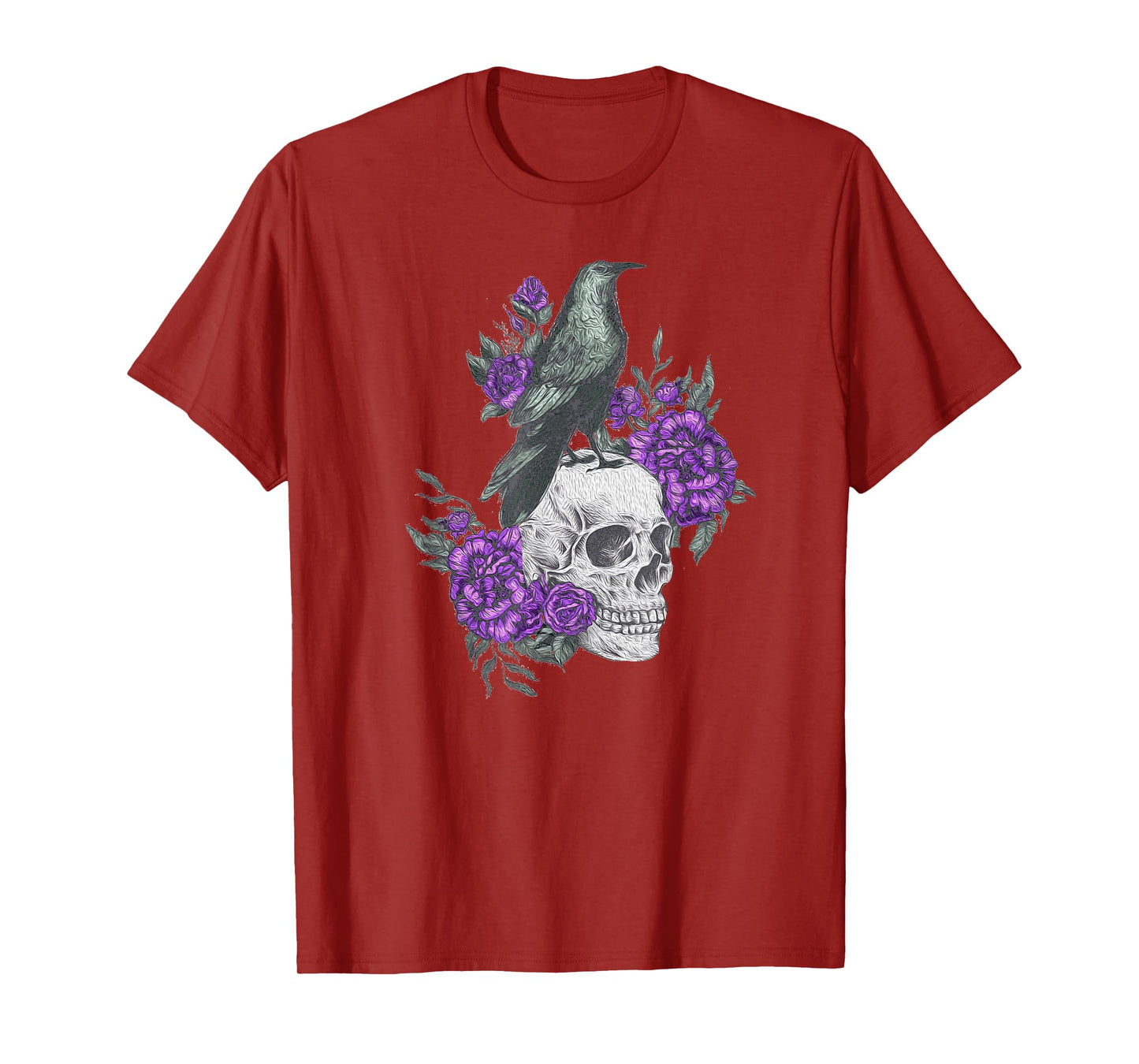 Vintage Sugar Skull and Crow Purple Rose Day of the Dead T-Shirt