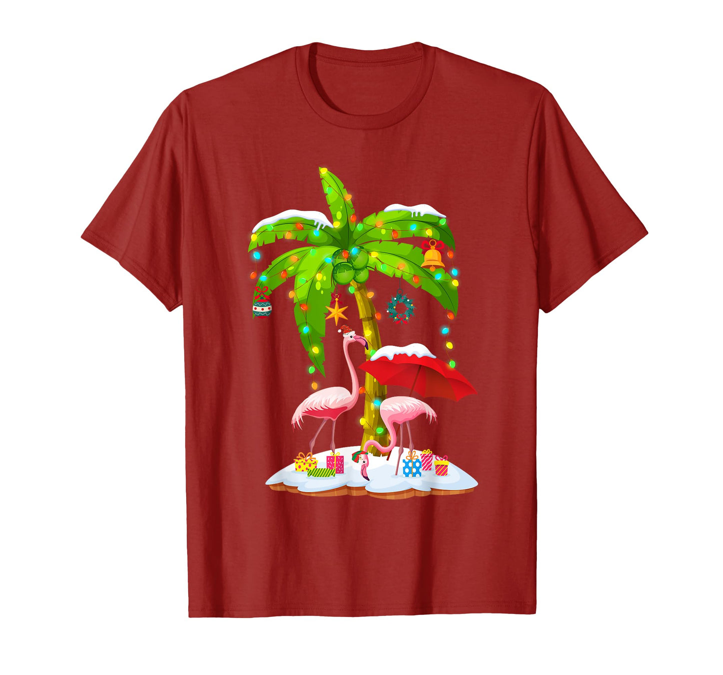 Flamingo Santa hat Palm tree Merry Christmas lights T-Shirt