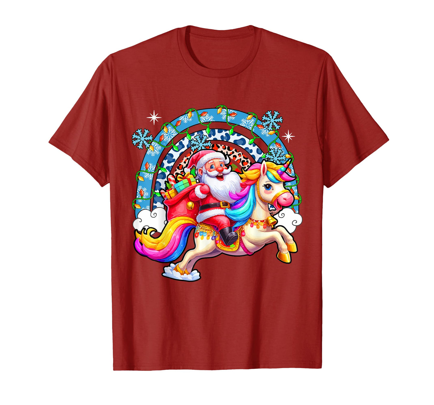Santa Riding Colourful Unicorn Christmas Rainbow Xmas Lights T-Shirt