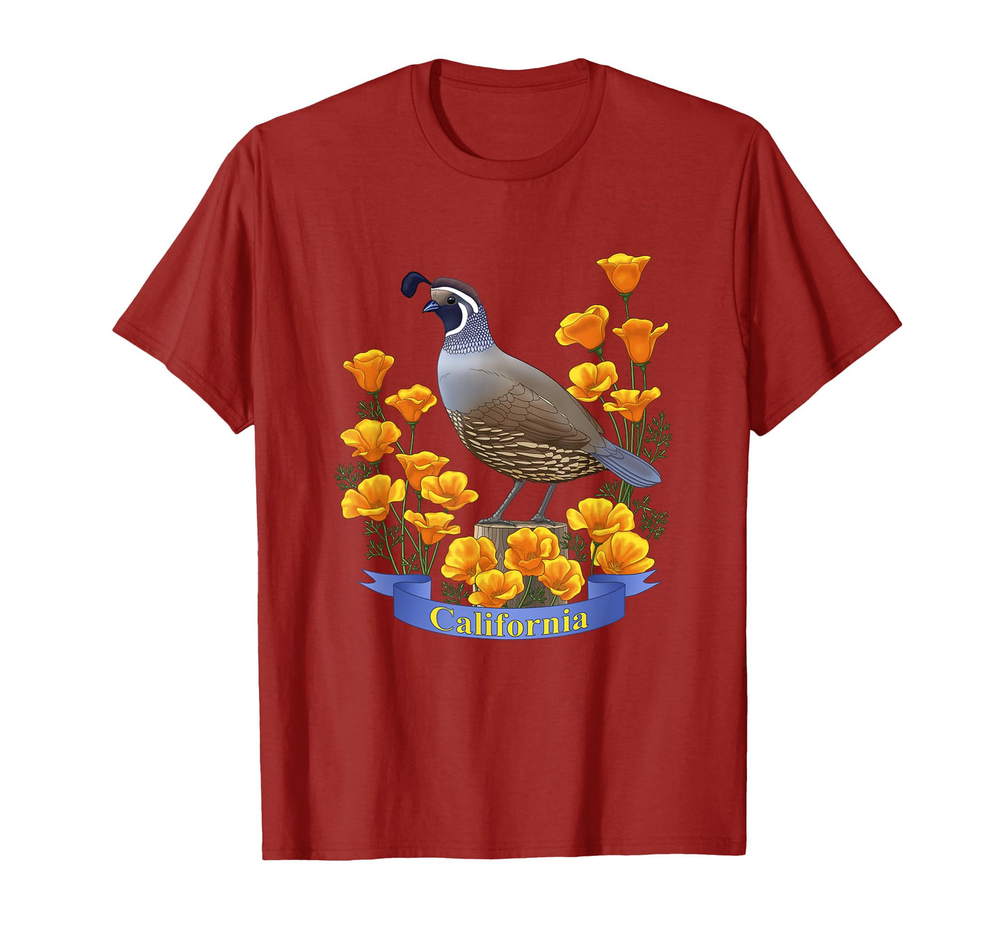 California Valley Quail State Bird & Golden Poppy Flowers T-Shirt