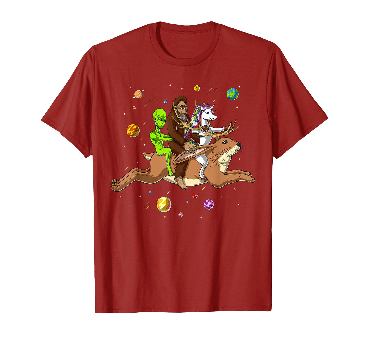 Space Alien Bigfoot Unicorn Riding Jackalope Cryptozoology T-Shirt