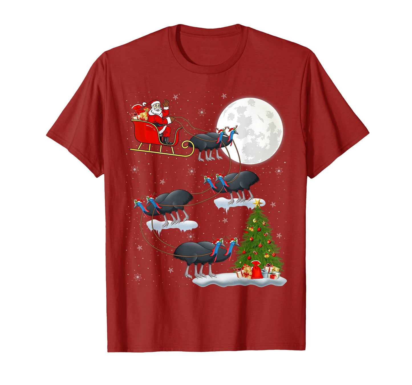 Funny Xmas Lighting Tree Santa Riding Cassowary Christmas T-Shirt